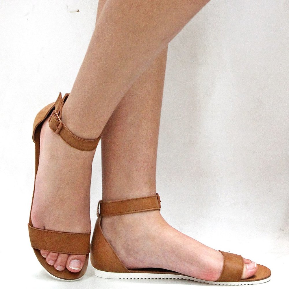 New Tan Single Band Ankle Strap Flat Sandals